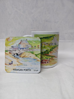 Mawgan Porth coaster by R Singleton watercolour beach scene painting in Cornwall, coaster and mug featured HLSdesigner