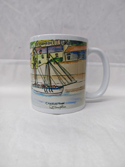 Charlestown ceramic mug printed from watercolour painting by R Singleton, Cornwall coastal scenes of Cornish fishing village