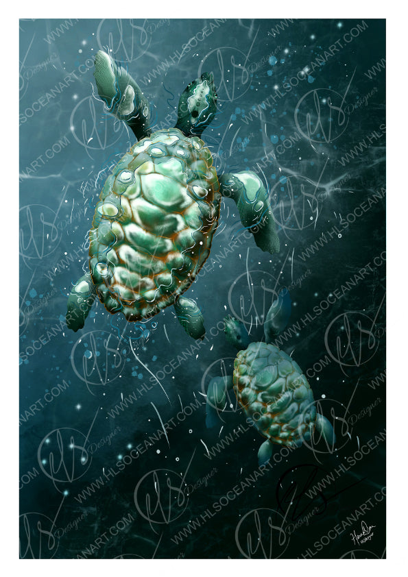 Underwater fantasy art print depicting two green sea turtles swimming in deep blue water with bubbles and light rays. The image features a protective watermark overlay reading 'WWW.HLSOCEANART.COM designed and created by HLSdesigner, Hannah Singleton fine artist and illustrator inspired by the Cornish coastline and unique ocean viewpoints