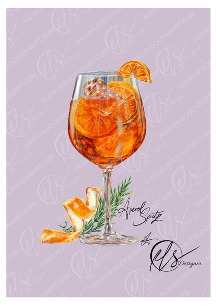 A stylized illustration of an orange cocktail in a stemmed glass with orange slices, ice, and a citrus peel garnish, set on a light lavender background with repeated watermark text and the signature 'HLS Designer' at the bottom right. This fine art print also comes in a series with other cocktails to choose from. A stylized illustration of a tall clear wine glass filled with ice, garnished with fresh oranges and rosemary, finished on a pale lilac background. 