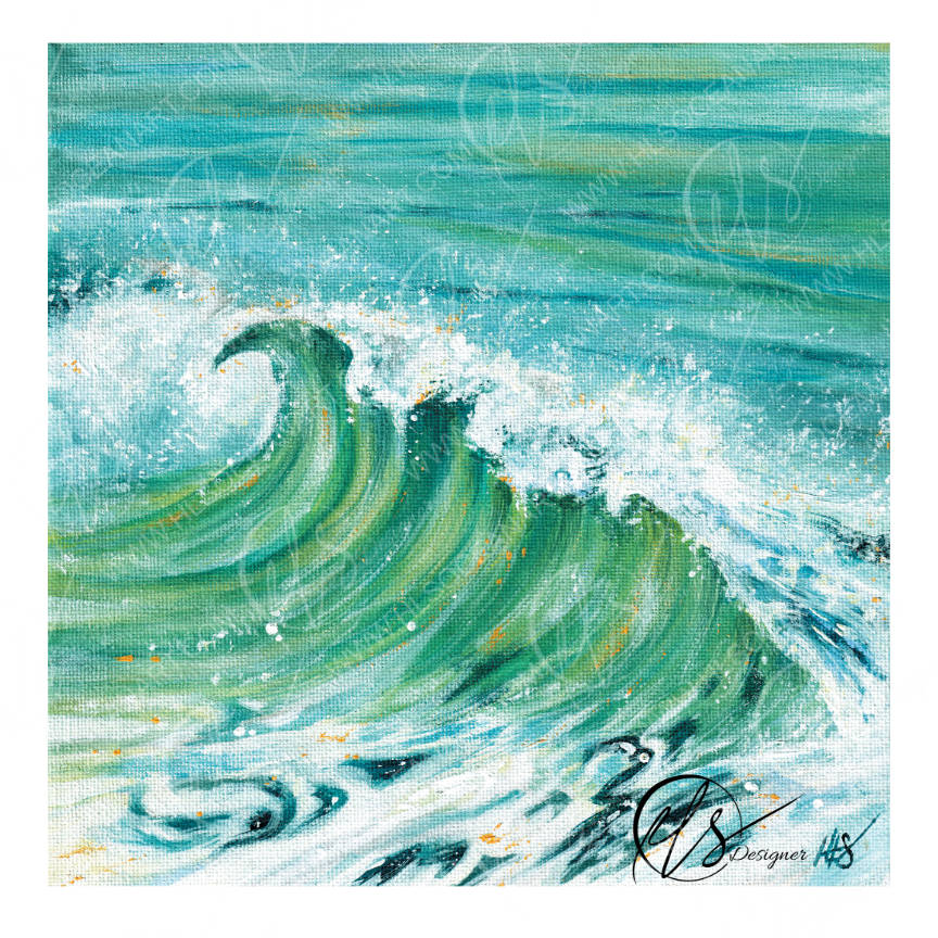 Art print of a wave with turquoise and white colours, Aqua is a representation of a wave in a bright summers sun when the ocean turns clear and has a greenish hue to it, making for a beautiful summery look. this was an oil on canvas and is printed from the original texture of the canvas so this will be seen within the art print. HLSdesigner 
