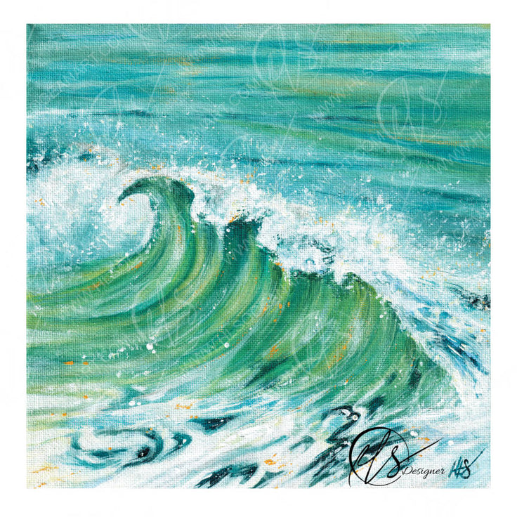 Art print of a wave with turquoise and white colours, Aqua is a representation of a wave in a bright summers sun when the ocean turns clear and has a greenish hue to it, making for a beautiful summery look. this was an oil on canvas and is printed from the original texture of the canvas so this will be seen within the art print. HLSdesigner 
