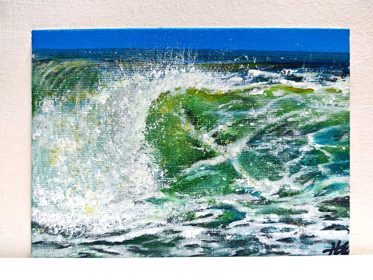 Barrel wave series - a collection of miniature original paintings on small canvas boards with signed back and certificate. Painted by Hannah Singleton owner and artist of HLSdesigner - depicting a close up study of a wave crashing against the barrel opening as it curves around toward the ocean surface.