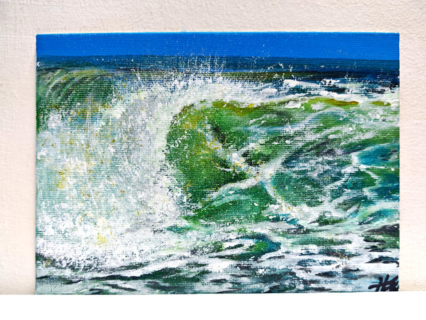 Barrel wave series - a collection of miniature original paintings on small canvas boards with signed back and certificate. Painted by Hannah Singleton owner and artist of HLSdesigner - depicting a close up study of a wave crashing against the barrel opening as it curves around toward the ocean surface.