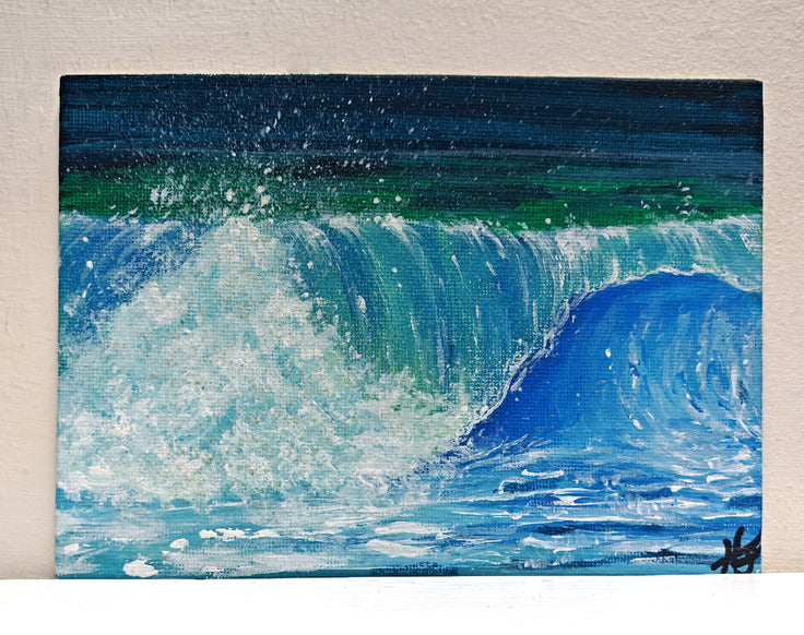 Barrel wave series - a collection of miniature original paintings on small canvas boards with signed back and certificate. Painted by Hannah Singleton owner and artist of HLSdesigner - depicting a close up study of a wave crashing against the barrel opening as it curves around toward the ocean surface.