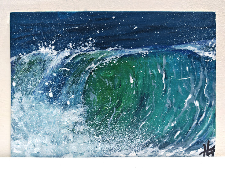 Barrel wave series - a collection of miniature original paintings on small canvas boards with signed back and certificate. Painted by Hannah Singleton owner and artist of HLSdesigner - depicting a close up study of a wave crashing against the barrel opening as it curves around toward the ocean surface.