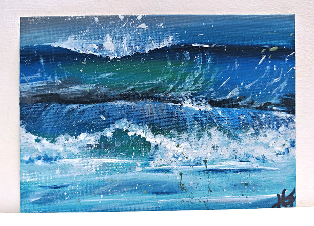 Barrel wave series - a collection of miniature original paintings on small canvas boards with signed back and certificate. Painted by Hannah Singleton owner and artist of HLSdesigner - depicting a close up study of a wave crashing against the barrel opening as it curves around toward the ocean surface.