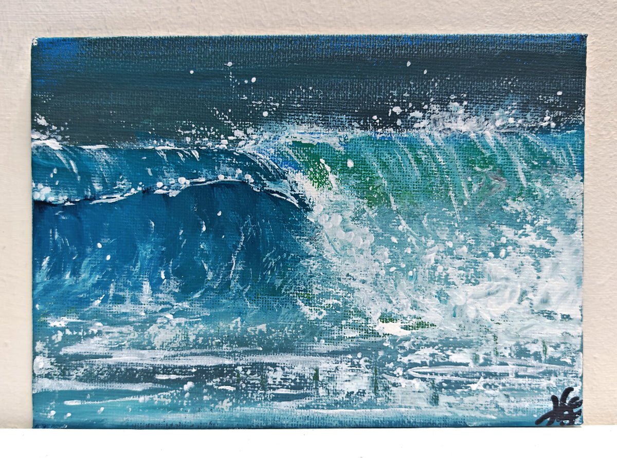 Barrel wave series - a collection of miniature original paintings on small canvas boards with signed back and certificate. Painted by Hannah Singleton owner and artist of HLSdesigner - depicting a close up study of a wave crashing against the barrel opening as it curves around toward the ocean surface.