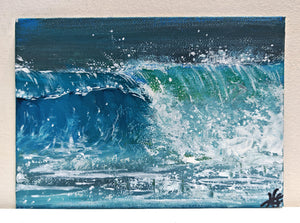Barrel wave series - a collection of miniature original paintings on small canvas boards with signed back and certificate. Painted by Hannah Singleton owner and artist of HLSdesigner - depicting a close up study of a wave crashing against the barrel opening as it curves around toward the ocean surface.