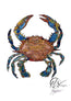 A colorful watercolor illustration of a blue crab centered on a white background, with a stylized artist signature in the lower right corner. This image is watermarked with the HLSdesigner logo and website, designed and created by Hannah Singleton, ocean inspired artist and foodie art prints based in Cornwall and inspired by the Cornish coast and seafood. This blue sand crab is beautifully illustrated in a watercolour and stylised form for a fun take on fresh seafood, featuring washed blues and lime greens