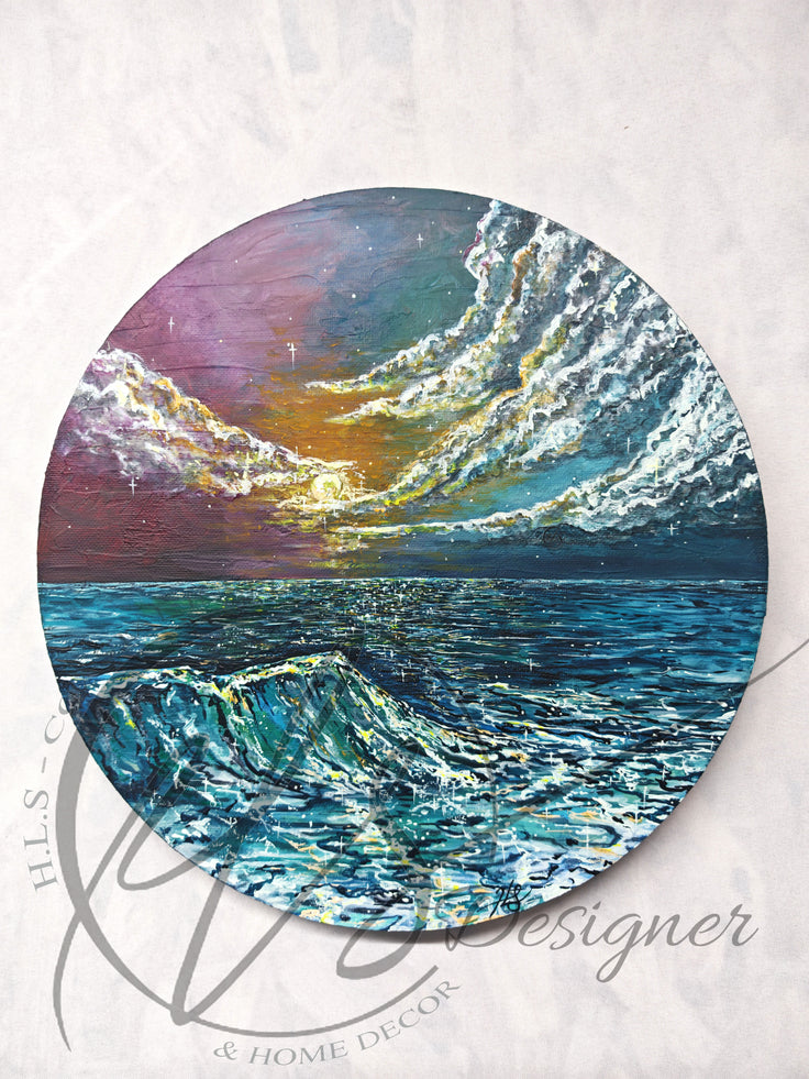 Original painting by Hannah Singleton owner and artist behind HLSdesigner. Based in Cornwall and taking inspiration from the ocean around her. This painting depicts a violet sunset in bold colours with a textured surface, over looking the calm ocean with a peak rising in the foreground of a lapping wave glistening the luminous spectrum of colours from the sun above, painted on a round canvas 