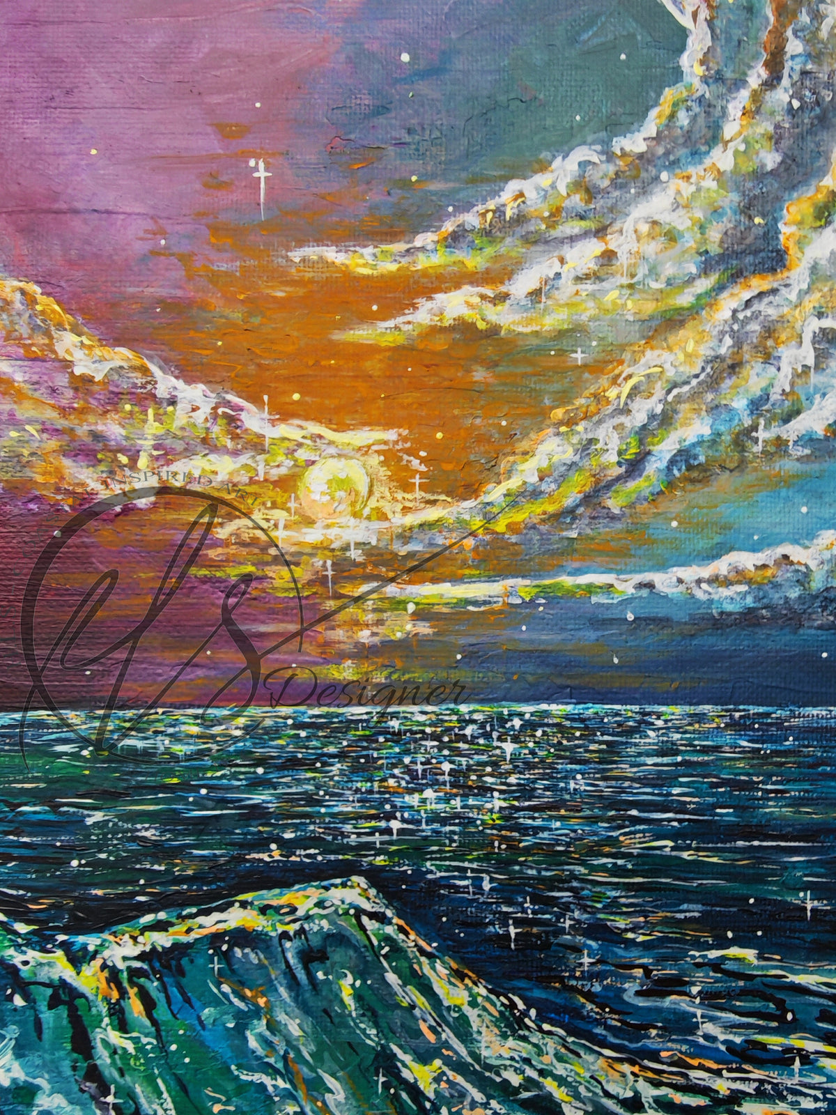 Close up of the Celestial Current painting by HLSdesigner artist Hannah Singleton, showing a bright sun shining down onto the ocean below, deep blue hues paired with lemon yellows and peak oranges over purple indigo sky tones, original painting on a round canvas