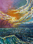 Close up of the Celestial Current painting by HLSdesigner artist Hannah Singleton, showing a bright sun shining down onto the ocean below, deep blue hues paired with lemon yellows and peak oranges over purple indigo sky tones, original painting on a round canvas
