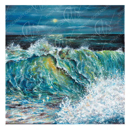 Painting of a wave crashing against the shore with a dark sky and sun beaming down through the break of the wave, originally painted using oil on canvas, art print will depict the texture of the natural canvas from the original painting by hlsdesigner