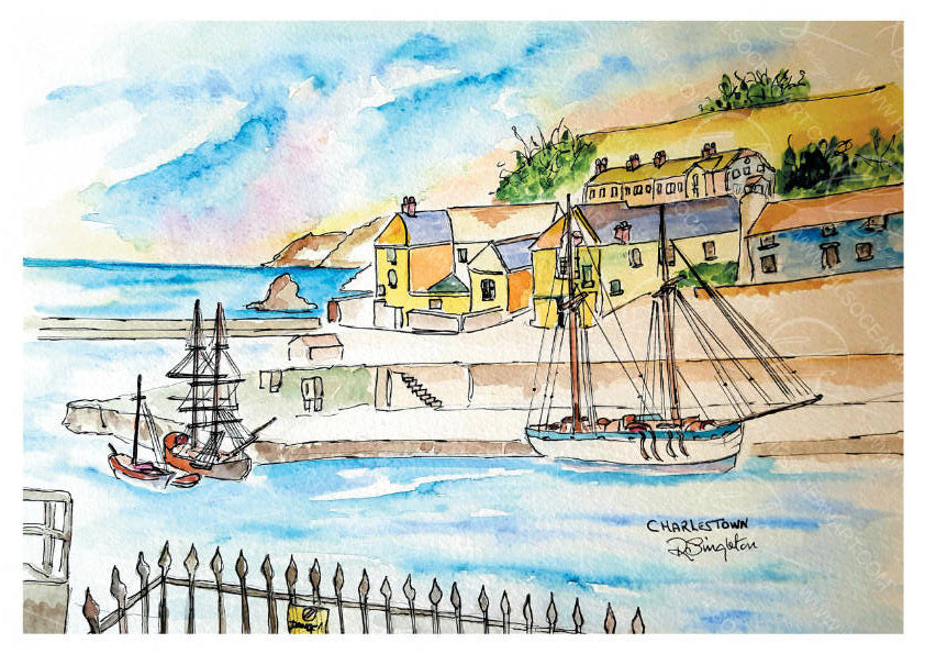 Charlestown artist study by Robert Singleton - featuring the old galleons / tall ships that port in the harbour with the village in the background. using an array of bright colour washes in a contemporary and minimalist form. Using negative space to accompany the pops of colours throughout the painting. Reproduced exclusively by HLSdesigner 