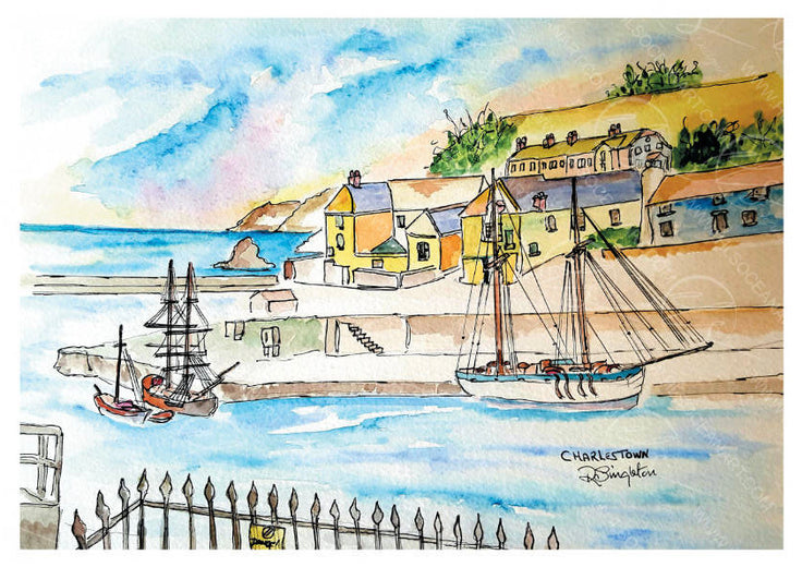 Charlestown artist study by Robert Singleton - featuring the old galleons / tall ships that port in the harbour with the village in the background. using an array of bright colour washes in a contemporary and minimalist form. Using negative space to accompany the pops of colours throughout the painting. Reproduced exclusively by HLSdesigner 