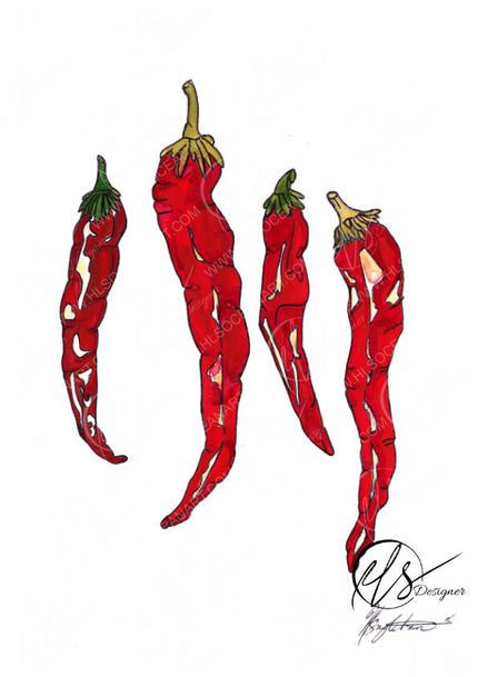 A stylized illustration of red chili peppers hanging vertically on a white background, with green stems and a visible artist signature in the lower right. Designed and created by Hannah Singleton at HLSdesigner, ocean inspired artist and foodie fine art prints in Cornwall