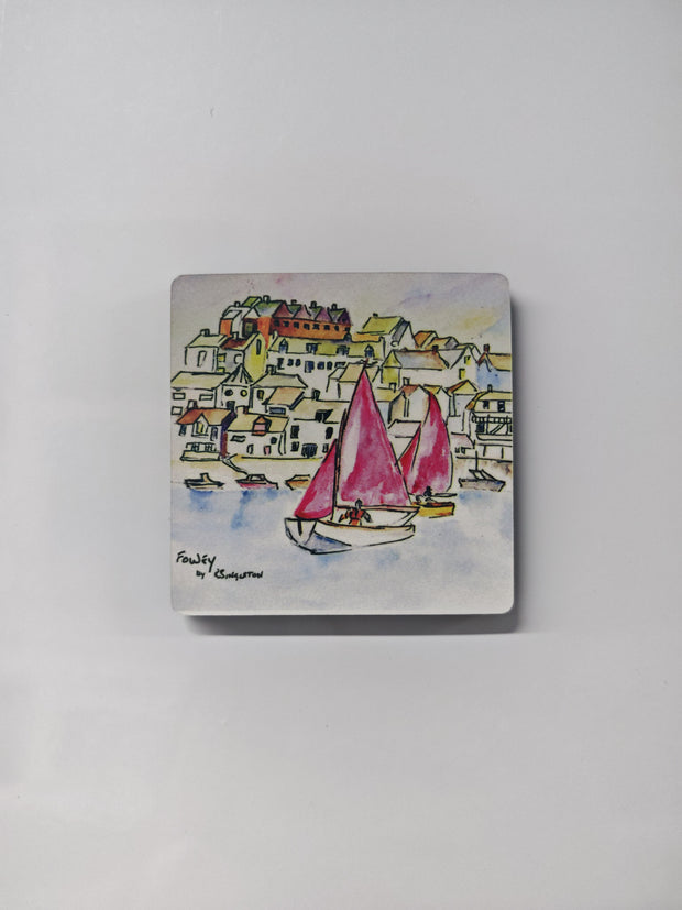 Watercolour reproduction print  a painting by R Singleton in cornwall. This one is a wooden magnet with a high gloss finish featuring an artist study of Fowey in Cornwall. Focusing on the yachts and the town above ascending up the hill beyond the river. 