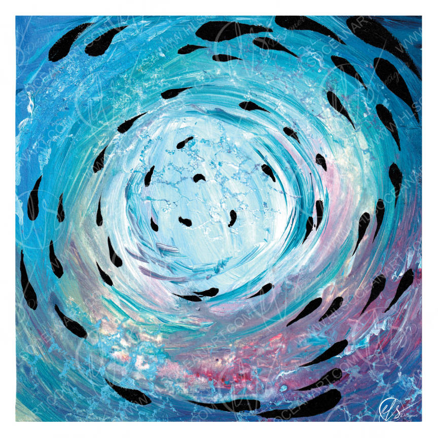 Abstract square painting featuring a swirling vortex design in shades of blue, teal, and white, accented with black curved shapes and soft pink and purple tones near the bottom. A vortex under the ocean surface and fish shoaling around it where the reflections shine amongst the textures of the abstract form. Designed by Hannah Singleton as a series of 12 fish shoals - this is fish shoal 11 - fine art print inspired by underwater unique viewpoints and coastal decor. 