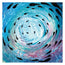 Abstract square painting featuring a swirling vortex design in shades of blue, teal, and white, accented with black curved shapes and soft pink and purple tones near the bottom. A vortex under the ocean surface and fish shoaling around it where the reflections shine amongst the textures of the abstract form. Designed by Hannah Singleton as a series of 12 fish shoals - this is fish shoal 11 - fine art print inspired by underwater unique viewpoints and coastal decor. 