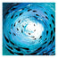 Abstract square painting depicting a swirling ocean wave or vortex in shades of blue and turquoise, with black fish-like shapes and a bright white center. This is fish shoal 12 -  a form of abstract bushstrokes with a contemporary and modern approach, a welcoming and relaxing art piece available in print form from a series of 12 variations of a cohesive set. Designed by Hannah Singleton at HLSdesigner, ocean inspired paintings, art and coastal home decor from Cornwall