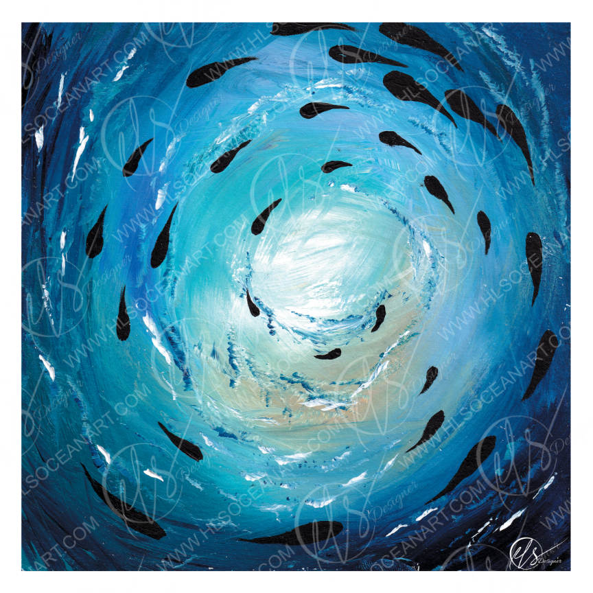 An abstract square painting depicting a swirling ocean wave or vortex in shades of blue, with black fish-like shapes and a bright white center. The artwork is presented on a white background with protective watermarks. Designed by Hannah Singleton at HLSdesigner, Cornwall based fine artist inspired by the coast and underwater viewpoints of the ocean