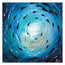 An abstract square painting depicting a swirling ocean wave or vortex in shades of blue, with black fish-like shapes and a bright white center. The artwork is presented on a white background with protective watermarks. Designed by Hannah Singleton at HLSdesigner, Cornwall based fine artist inspired by the coast and underwater viewpoints of the ocean