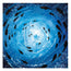 A fine art print representing a fish shoal in an abstract form swimming through a vortex of the ocean in a spiral under the sea, the sun reflecting through the ocean surface. Abstract and expressionist art by HLSdesigner, Hannah Singleton, fine artist based in Cornwall. Inspired by coastal and ocean viewpoints. This is fish shoal 2 - a print from a series of 12 shoals in a blue and indigo palette of colours. Watermarked 