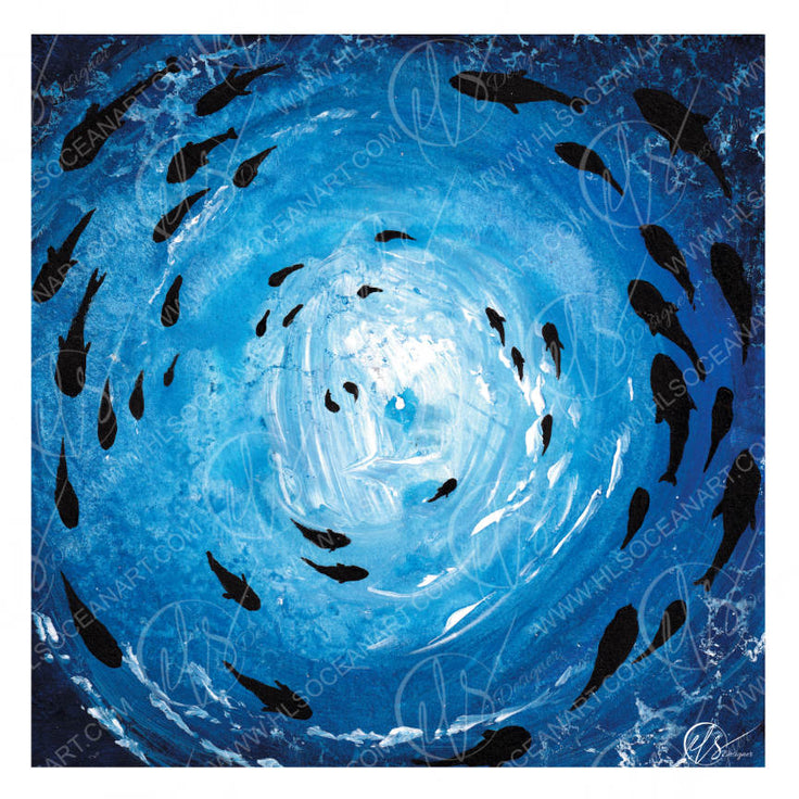 A fine art print representing a fish shoal in an abstract form swimming through a vortex of the ocean in a spiral under the sea, the sun reflecting through the ocean surface. Abstract and expressionist art by HLSdesigner, Hannah Singleton, fine artist based in Cornwall. Inspired by coastal and ocean viewpoints. This is fish shoal 2 - a print from a series of 12 shoals in a blue and indigo palette of colours. Watermarked 