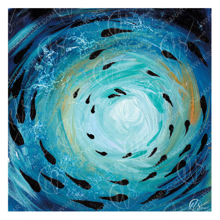Fish shoal 3 - a fine art print representing abstract fish shoaling through a vortex of the ocean swirling around where light reflects through the surface of the ocean from above. Abstract and contemporary with expressionist brush strokes, this one has a hint of gold throughout creating a sun set gaze throughout the picture. Designed by Hannah Singleton at HLSdesigner, a coastal and ocean inspired artist from Cornwall. Watermarked 