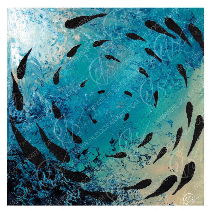 Abstract, contemporary and expressionist art by HLSdesigner. Hannah Singleton, Cornwall based ocean inspired artist. This is fish shoal 4 - displaying hues of indigo and sandy coloured fragments throughout the textures created in the piece, paired with abstract fish shapes swimming through a vortex swirling through the sea below. Light reflecting through the surface of the ocean and a coastal dreamy feel to the painting. Fine art print available - watermarked 