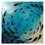 Abstract, contemporary and expressionist art by HLSdesigner. Hannah Singleton, Cornwall based ocean inspired artist. This is fish shoal 4 - displaying hues of indigo and sandy coloured fragments throughout the textures created in the piece, paired with abstract fish shapes swimming through a vortex swirling through the sea below. Light reflecting through the surface of the ocean and a coastal dreamy feel to the painting. Fine art print available - watermarked 