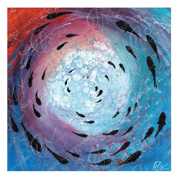 Abstract square painting featuring a swirling vortex of blue, purple, pink, and red tones with scattered black fish-like shapes, presented on a white background with a visible artist signature and watermark. Designed by HLSdesigner, Hannah Singleton fine artist inspired by the ocean and coast around her.