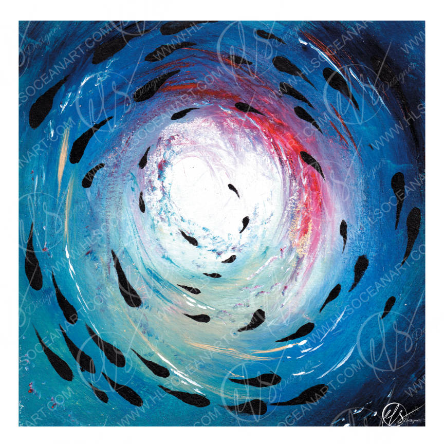 Abstract square canvas painting featuring a swirling vortex design in shades of blue, white, and pink, accented with black brushstrokes and organic shapes, with a visible 'HLSOCEANART.COM' watermark across the artwork. Ocean inspired and coastal artworks by Hannah Singleton at HLSdesigner