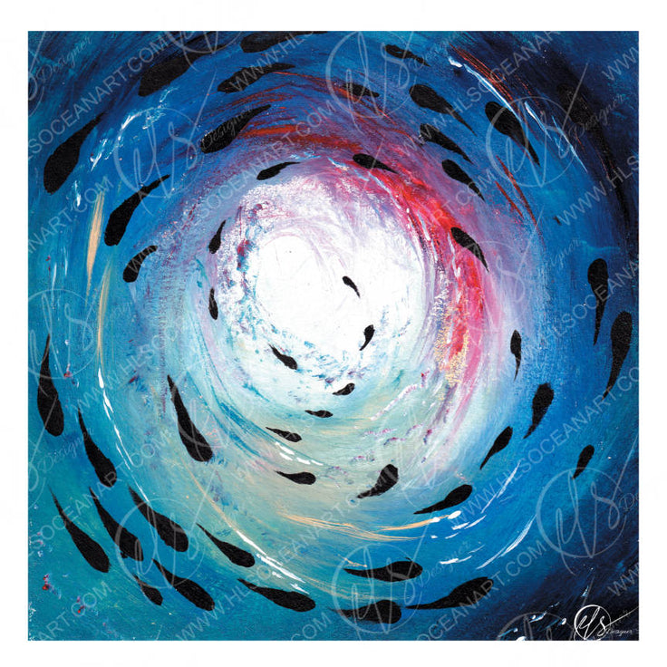 Abstract square canvas painting featuring a swirling vortex design in shades of blue, white, and pink, accented with black brushstrokes and organic shapes, with a visible 'HLSOCEANART.COM' watermark across the artwork. Ocean inspired and coastal artworks by Hannah Singleton at HLSdesigner