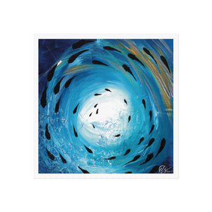 Artistic depiction of a fish school swimming through a blue tunnel vortex under the sea with a hint of gold and a textured fractal bubbles to one side, art print by hlsdesigner 