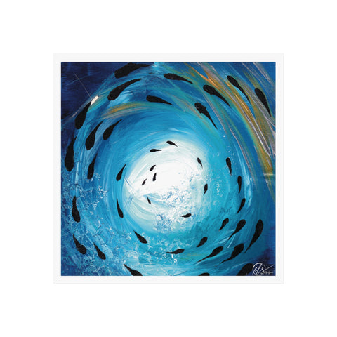 Artistic depiction of a fish school swimming through a blue tunnel vortex under the sea with a hint of gold and a textured fractal bubbles to one side, art print by hlsdesigner 