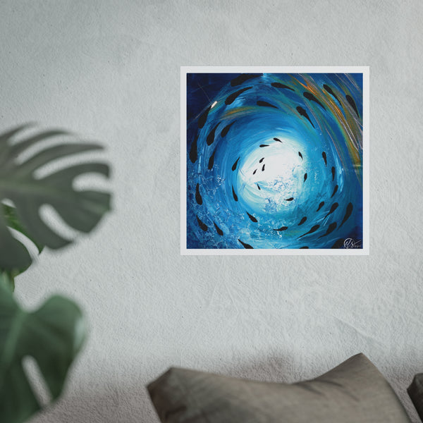 Abstract blue artwork of a shoal of fish swimming under the ocean with the light shining through the waves finished with textured fractals and a hint of gold hues by hlsdesigner displayed on a wall with a plant and pillow in the foreground