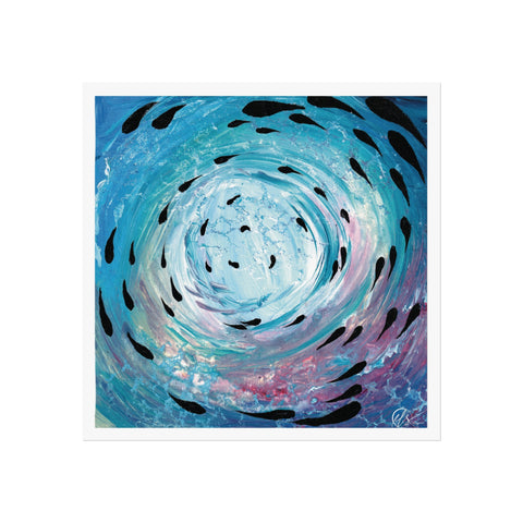 Artistic depiction of a swirling vortex with black paths on a blue and pink background