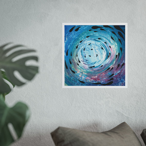 unframed abstract artwork with a swirling design in blue and purple  with a fish shoal swimming under the sea with textured fractals around the painting displayed on a white wall.