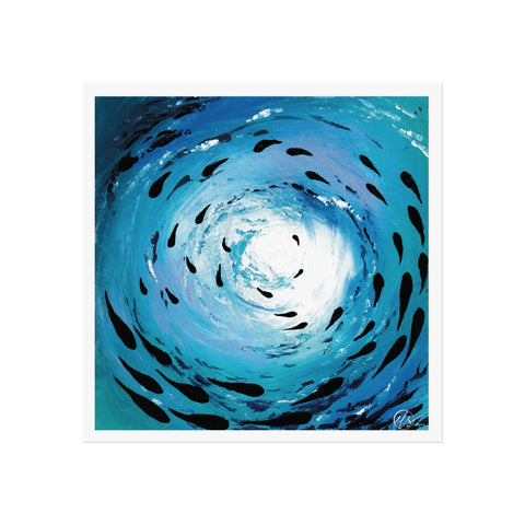 Artistic depiction of a blue vortex with black fish swimming inside on a white background by hlsdesigner
