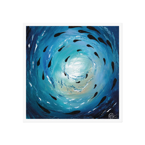 Artistic depiction of a swirling blue vortex with black shapes shoaling resembling fish. HLSdesigner art prints