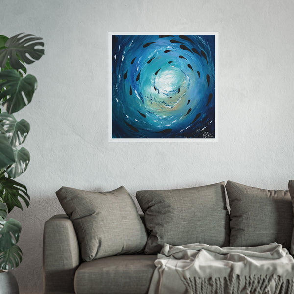 Blue abstract artwork depicting a shoal of fish swimming under the ocean surface in the sea with a deep blue hue and white light highlights by hlsdesigner on a wall above a gray sofa with a plant to the left.