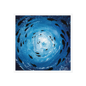 Artistic depiction of fish swimming in a circular pattern against a blue background by hlsdesigner