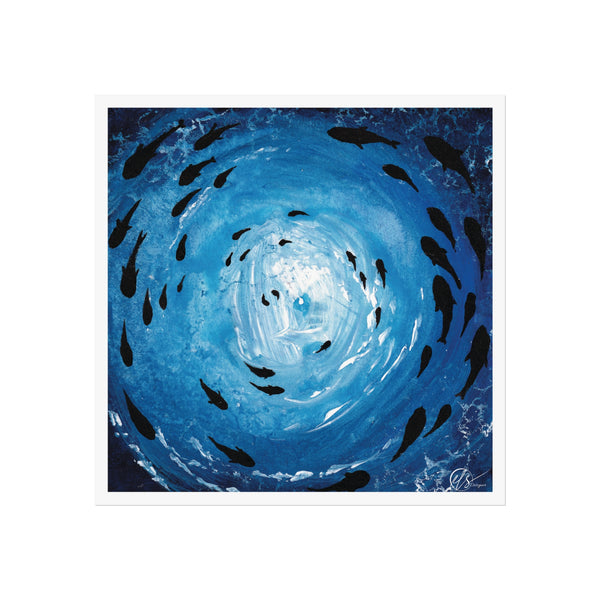 Artistic depiction of fish swimming in a circular pattern against a blue background by hlsdesigner