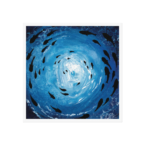 Artistic depiction of fish swimming in a circular pattern against a blue background by hlsdesigner