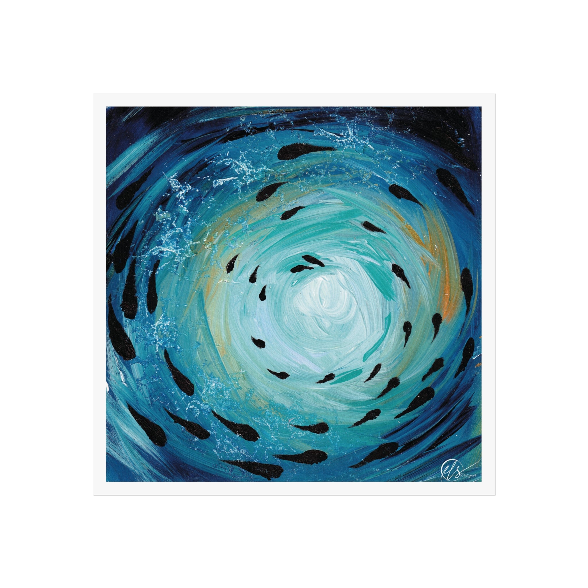 Artistic depiction of fish swimming in a swirling blue and white pattern with gold accents under the ocean surface by hlsdesigner.