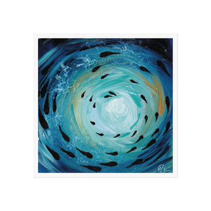 Artistic depiction of fish swimming in a swirling blue and white pattern with gold accents under the ocean surface by hlsdesigner.