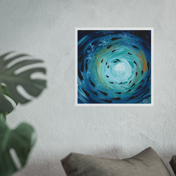 Unframed abstract artwork with swirling blue and green colours and black swirling shoal of fish swimming under the sea by hlsdesigner. 
