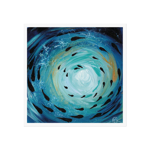 Artistic depiction of fish swimming in a swirling blue and white pattern with gold accents under the ocean surface by hlsdesigner.